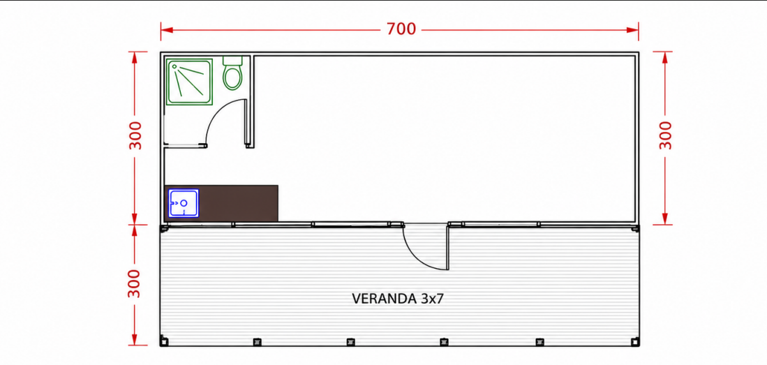 300×700 Verandalı Tek Oda WC-Mutfak Konteyner